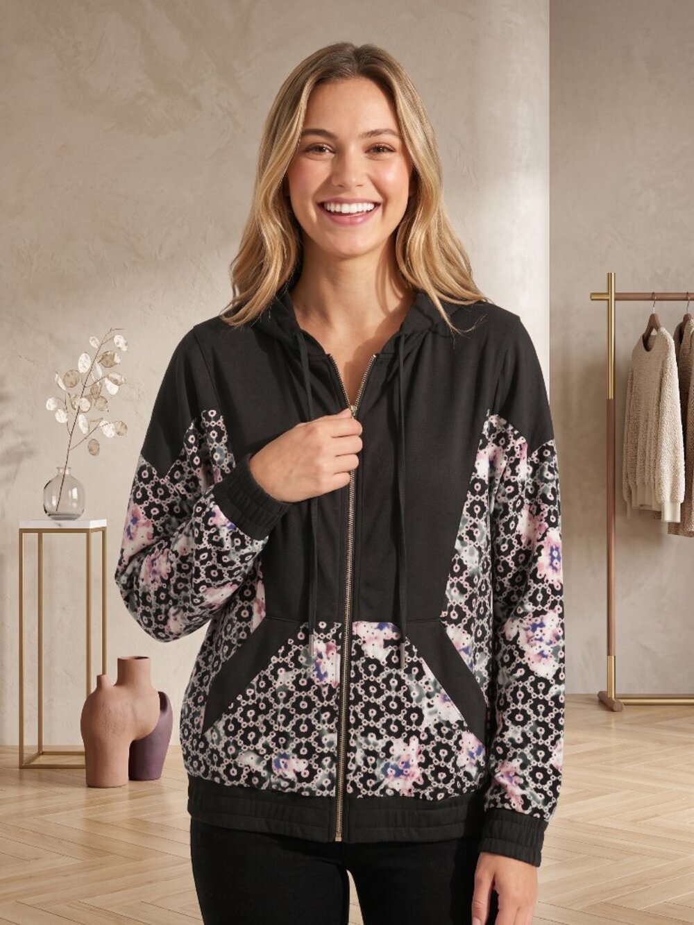 Entro Black Floral Colorblock Zip Up Lightweight Cotton Hoodie Jacket Small